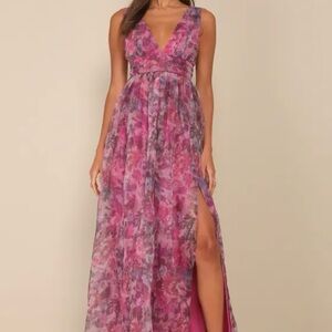 Garden Romance Magenta Floral Print Organza Maxi Dress
